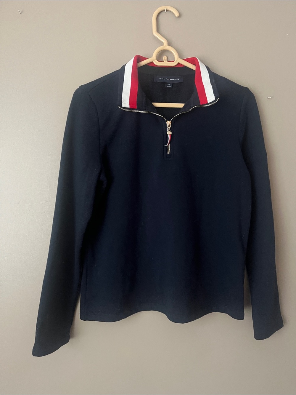 Tommy Hilfiger Men's Black Half-Zip Sweater with Red & White Trim